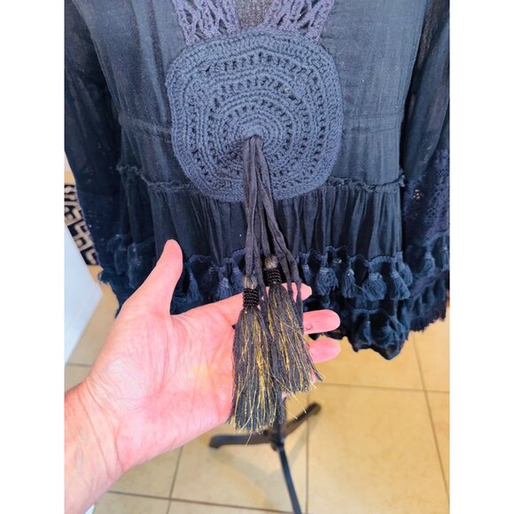 Bohemian Chic Laraethnics Black Cotton Tassel Crochet Top Blouse S/M Sustainable - Picture 9 of 13